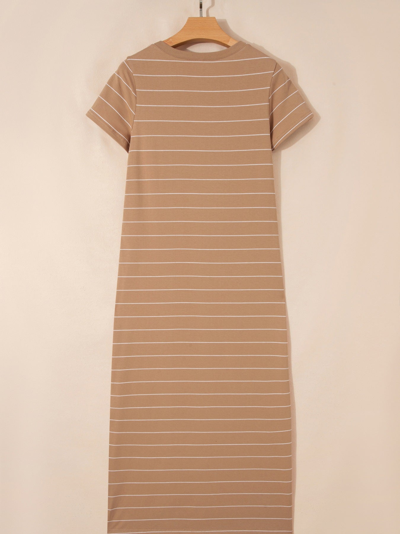 Women's striped short sleeve maxi t-shirt dress with side slit from Plush Fashion Hub, casual summer dress with a relaxed fit.