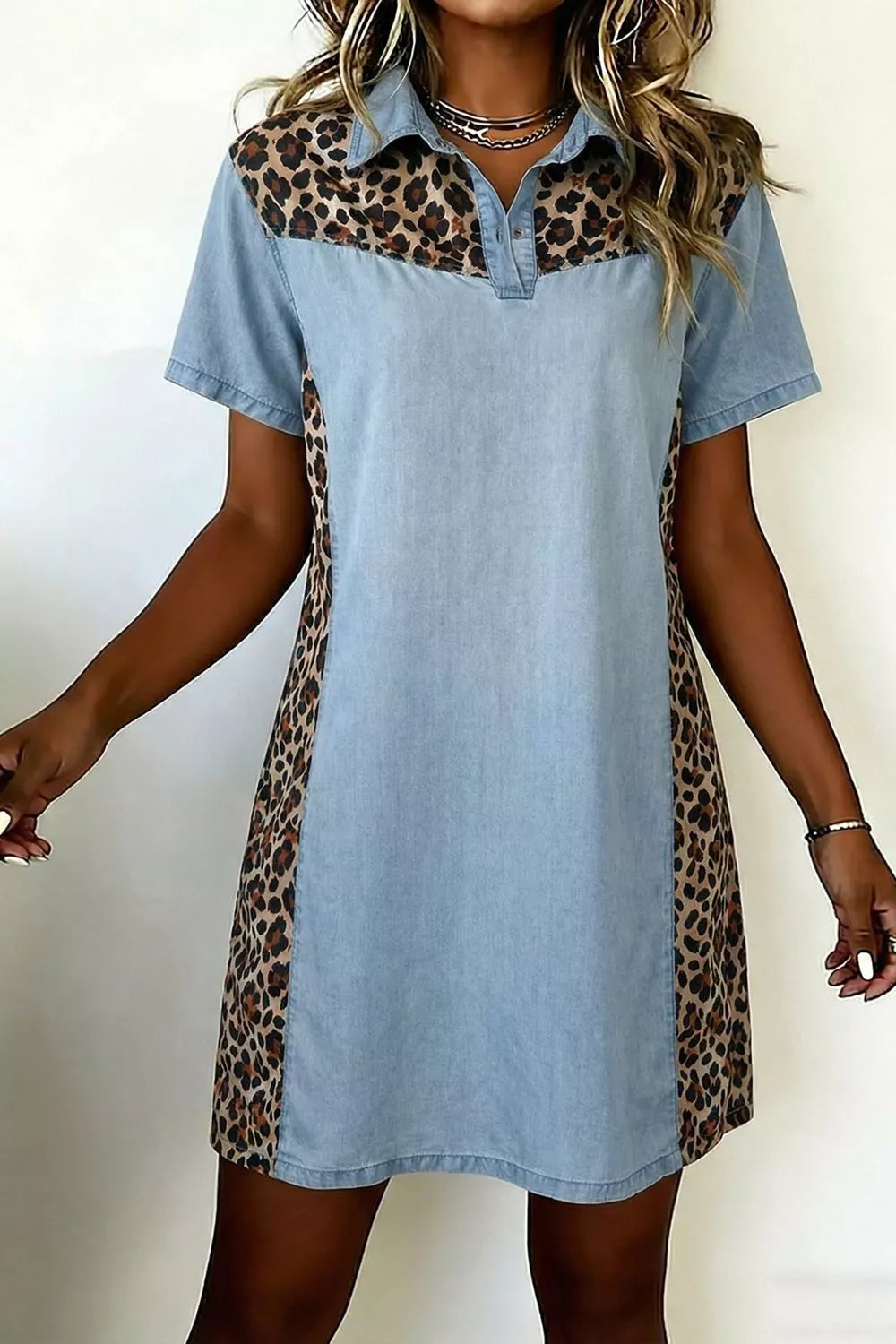 Leopard print panel short sleeve dress by Plush Fashion Hub featuring a stylish design and comfortable fit.