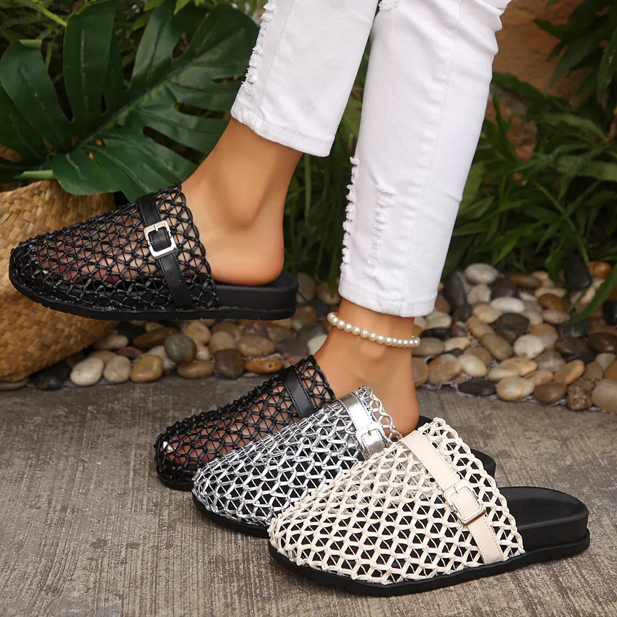 Plush Fashion Hub breathable buckle decor sandals with open toe design and stylish straps for comfortable summer wear.
