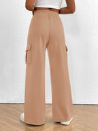 Lightweight women's high-waisted casual cargo pants with drawstring, featuring utility style and multiple pockets.