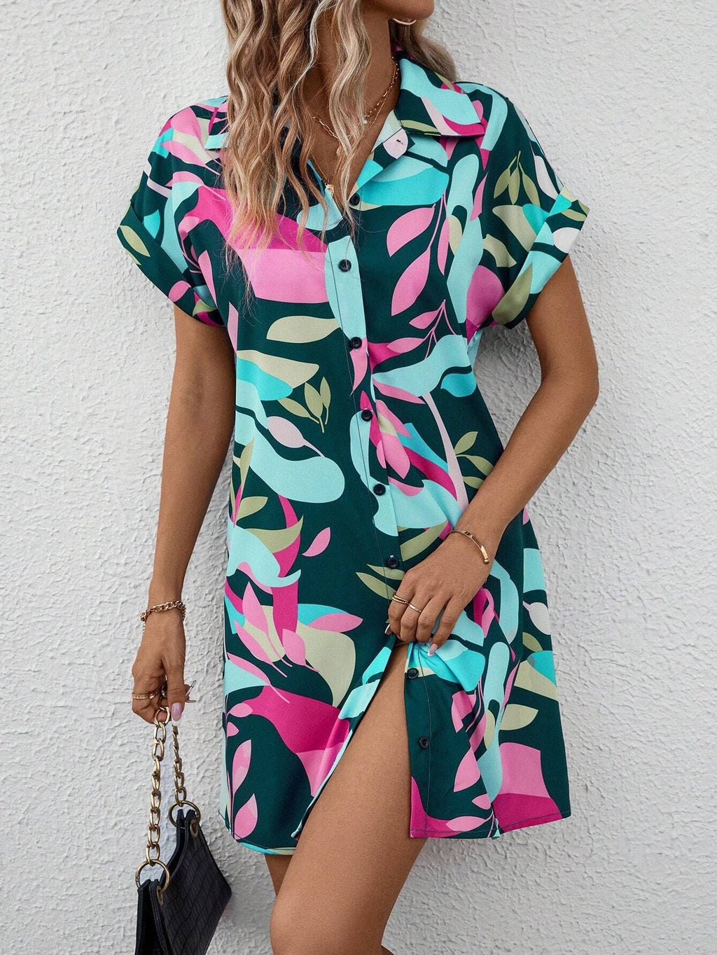 Women's colorful tropical print shirt dress by Plush Fashion Hub, button front, short sleeves, collared A-line midi dress.