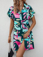 Women's colorful tropical print shirt dress by Plush Fashion Hub, button front, short sleeves, collared A-line midi dress.