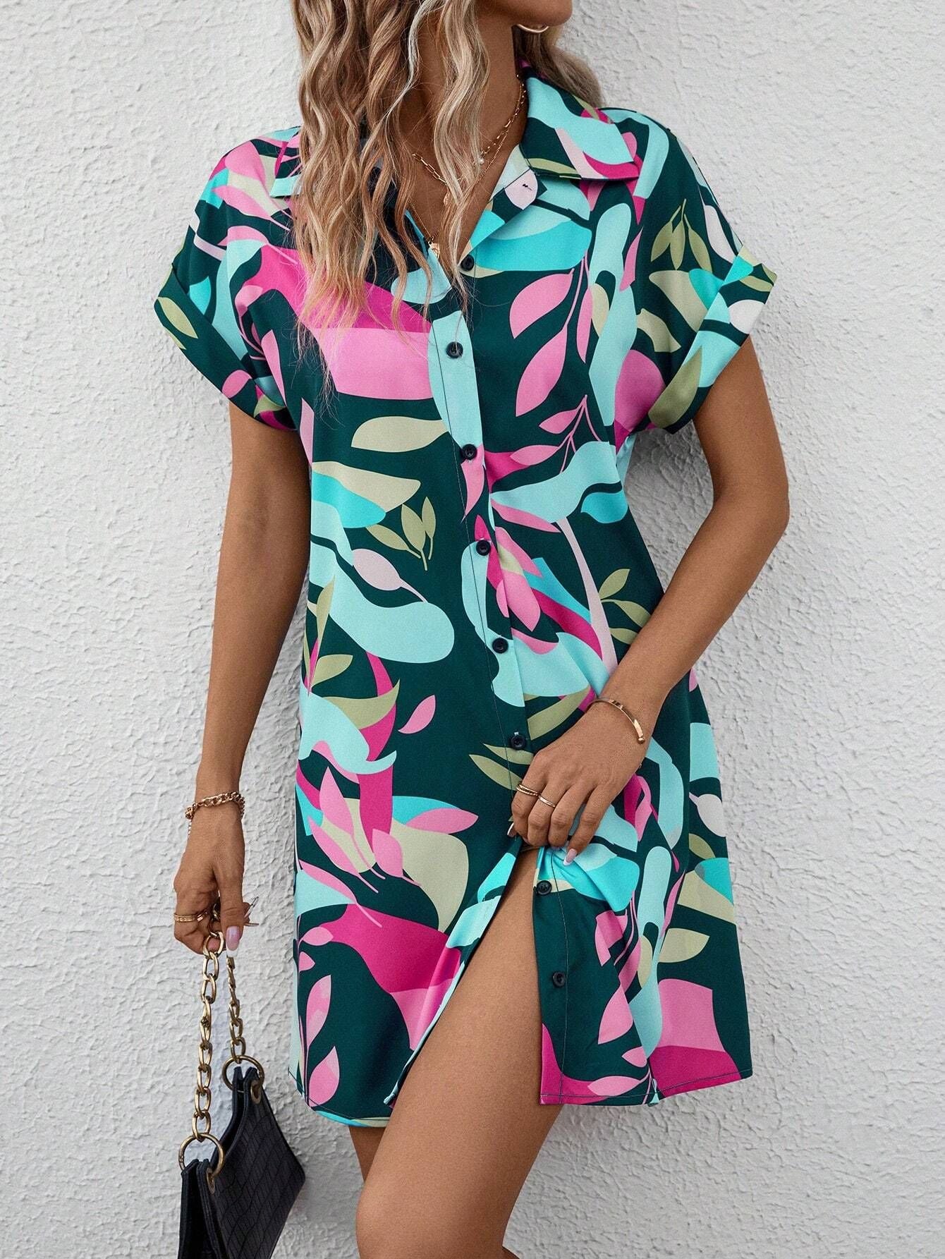 Women's colorful tropical print shirt dress by Plush Fashion Hub, button front, short sleeves, collared A-line midi dress.