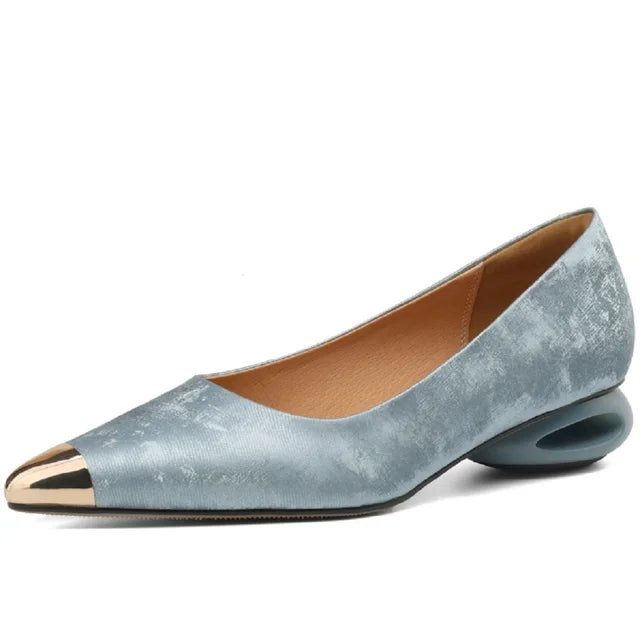 Elegant genuine leather heels with metal toe detail for women, stylish footwear by Plush Fashion Hub.