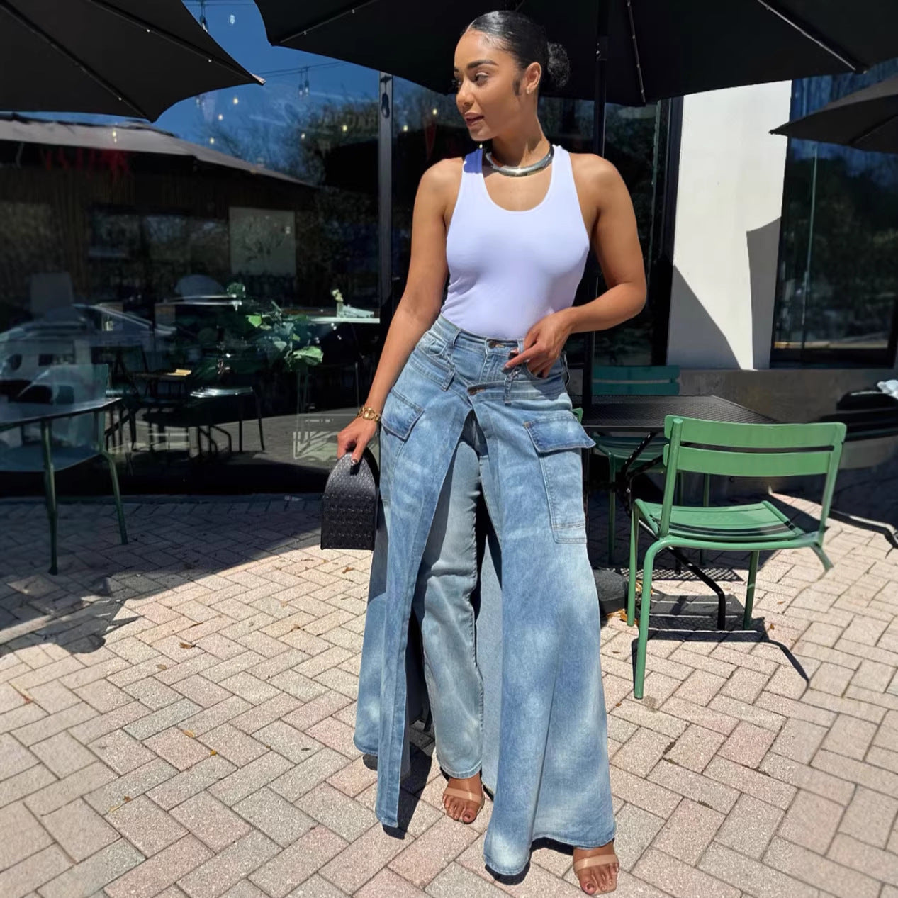 Women’s faux two-piece denim pants skirt from Plush Fashion Hub featuring street style, symmetrical slit, and casual fashion design.