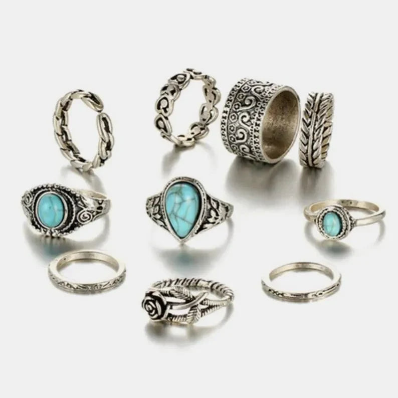 Set of 10 artificial turquoise alloy rings with various designs, perfect for stylish jewelry and accessories.