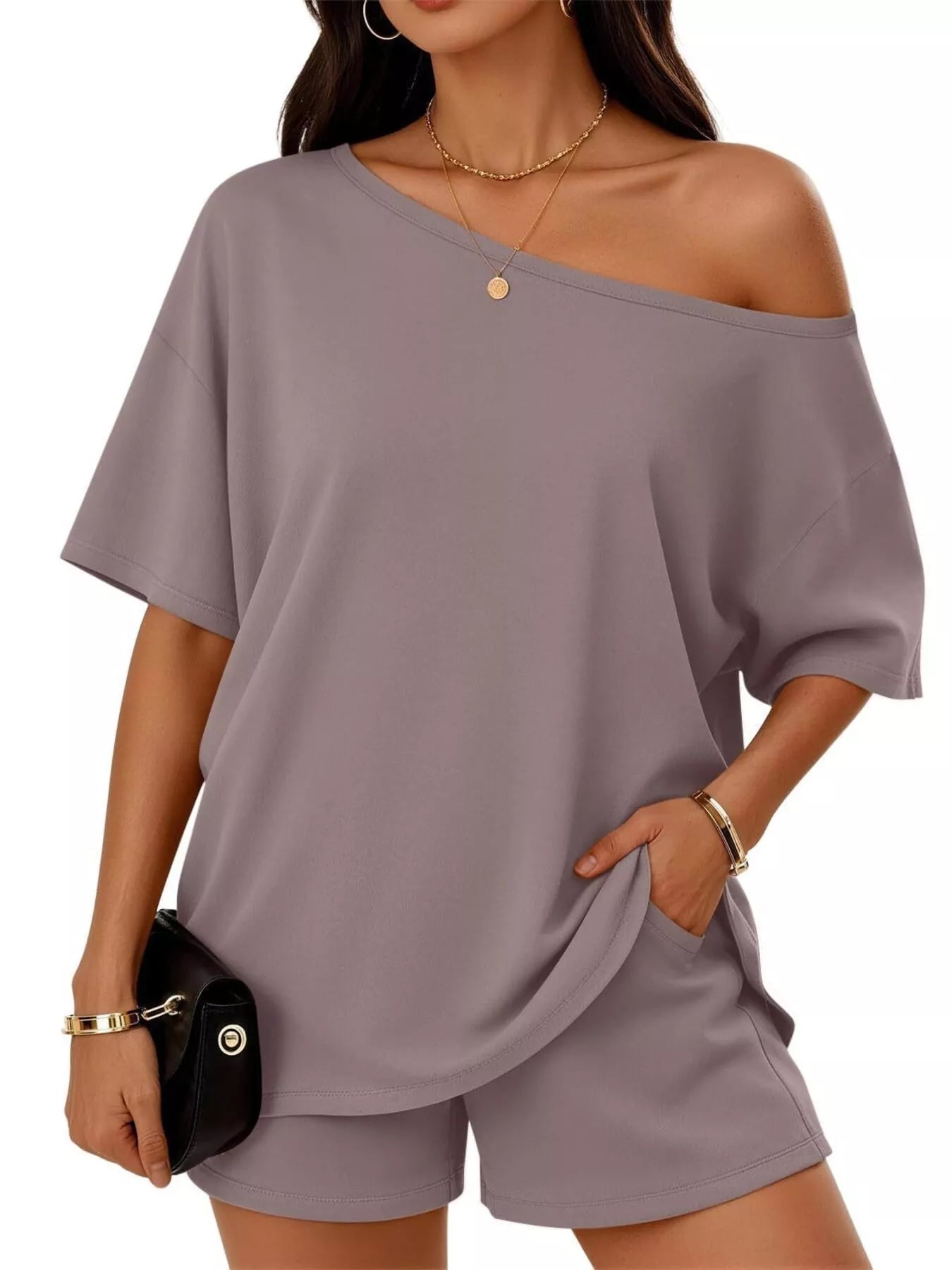 Plus size one shoulder top and shorts set by Plush Fashion Hub, stylish and comfortable casual outfit for women.