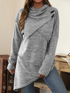 Asymmetrical hem cowl neck long sleeve T-shirt by Trendsi, stylish tops with draped neckline and unique hem detail.