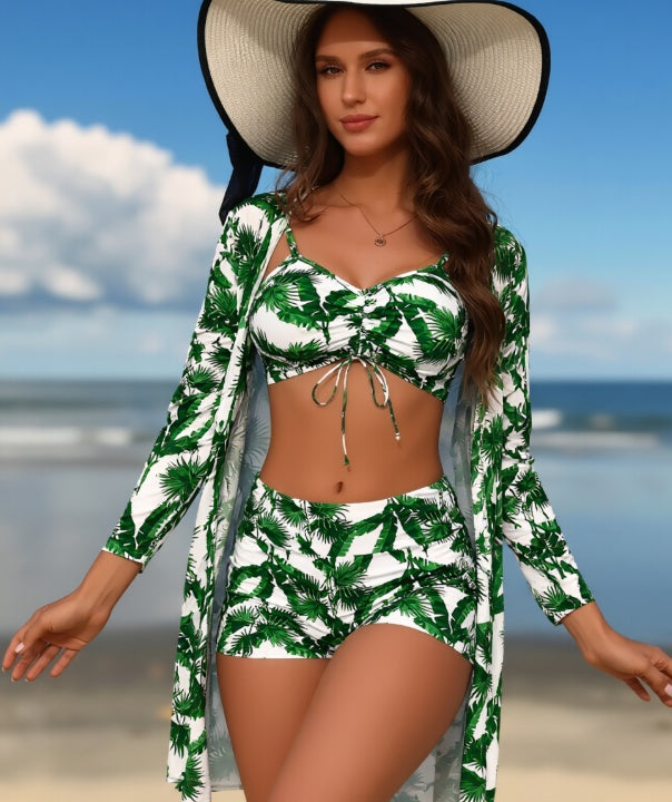 Women's long sleeve swimsuit set by FitiqueFit featuring a three-piece swimwear with top, bottoms, and cover-up in bright colors.