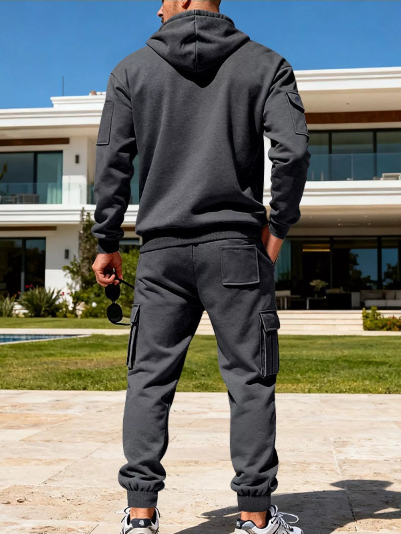 Men's plus size full zip hoodie and cargo pants set by Shopimist, featuring a half zip hoodie and comfortable cargo pants.