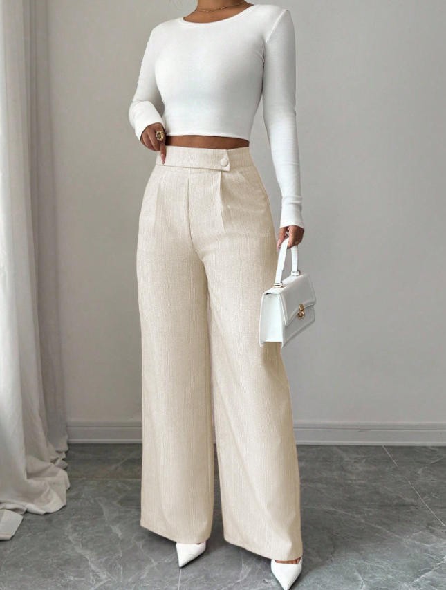 Women's high-waist straight-leg pants by FitiqueFit, solid color with button detail, full length, casual and stylish.