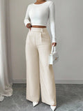 Women's high-waist straight-leg pants by FitiqueFit, solid color with button detail, full length, casual and stylish.