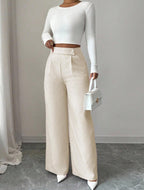 Women's high-waist straight-leg pants by FitiqueFit, solid color with button detail, full length, casual and stylish.