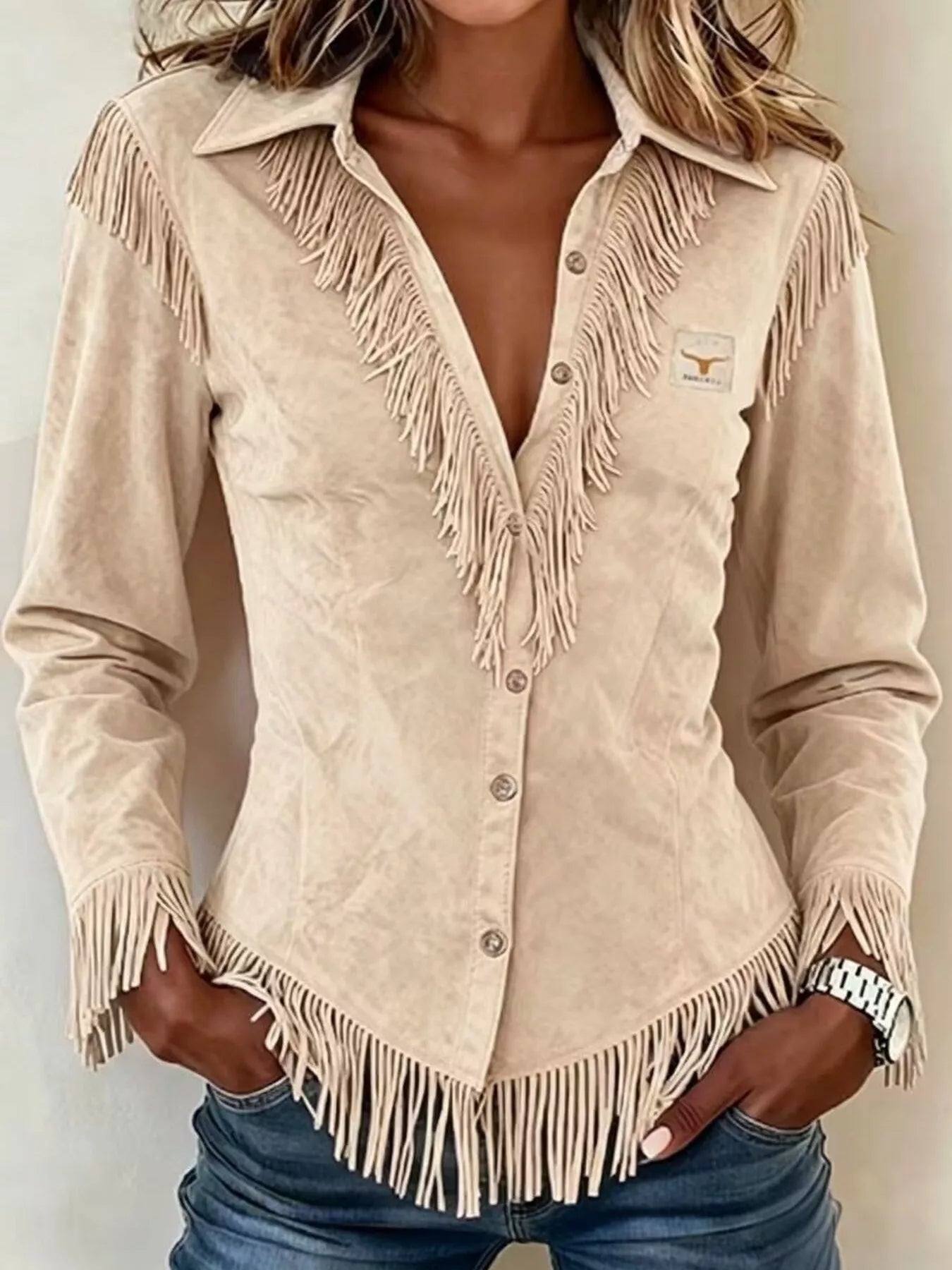 Plus size fringed collared neck shirt from Trendsi, stylish top with fringed details and a classic collar, ideal for casual wear.