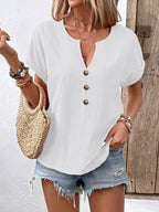 Women's short-sleeve V-neck T-shirt top with buttons from Plush Fashion Hub, featuring a casual fit and classic design.