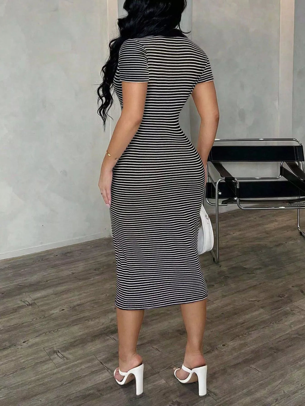 Striped polo collar midi dress by Shopimist featuring a classic design, midi length, and stylish striped pattern.