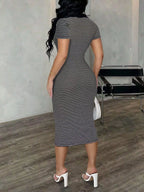 Striped polo collar midi dress by Shopimist featuring a classic design, midi length, and stylish striped pattern.