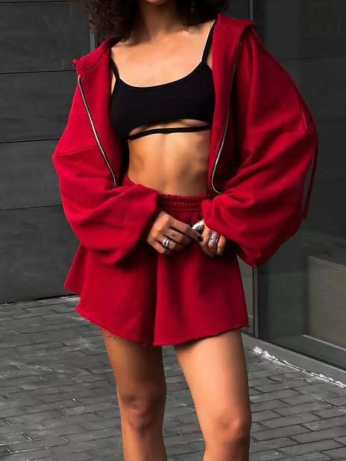 Plush Fashion Hub zip-up long sleeve outerwear with matching shorts set, casual and comfortable for everyday wear.