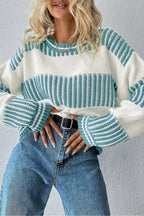 Two-tone striped patchwork drop shoulder loose sweater by Simply Love, featuring a casual, oversized fit and mixed color pattern.