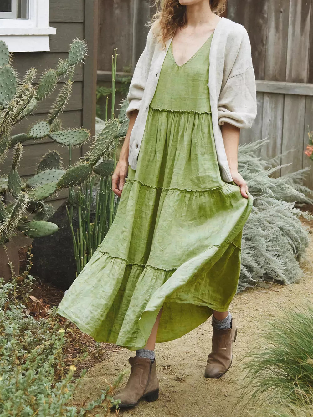 Women's cotton tiered frill V-neck sleeveless summer dress by Trendsi, featuring a flowy, layered design with a V-neck neckline.