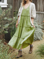 Women's cotton tiered frill V-neck sleeveless summer dress by Trendsi, featuring a flowy, layered design with a V-neck neckline.