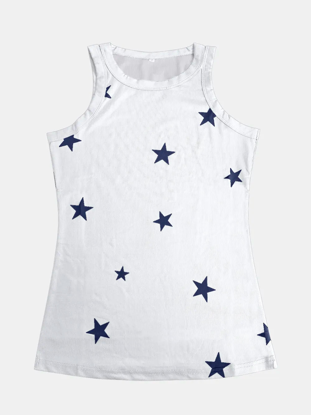 Women's star print cotton blend round neck casual tank top from Trendsi, featuring a stylish star pattern and comfortable fit.