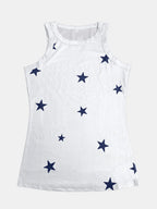 Women's star print cotton blend round neck casual tank top from Trendsi, featuring a stylish star pattern and comfortable fit.