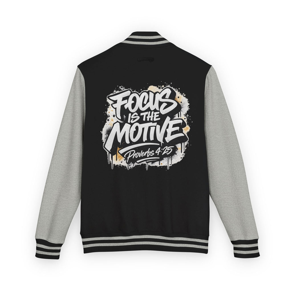 Wear Your Worship varsity jacket featuring Proverbs 4:25 inspirational message, with letterman style and classic athletic design.