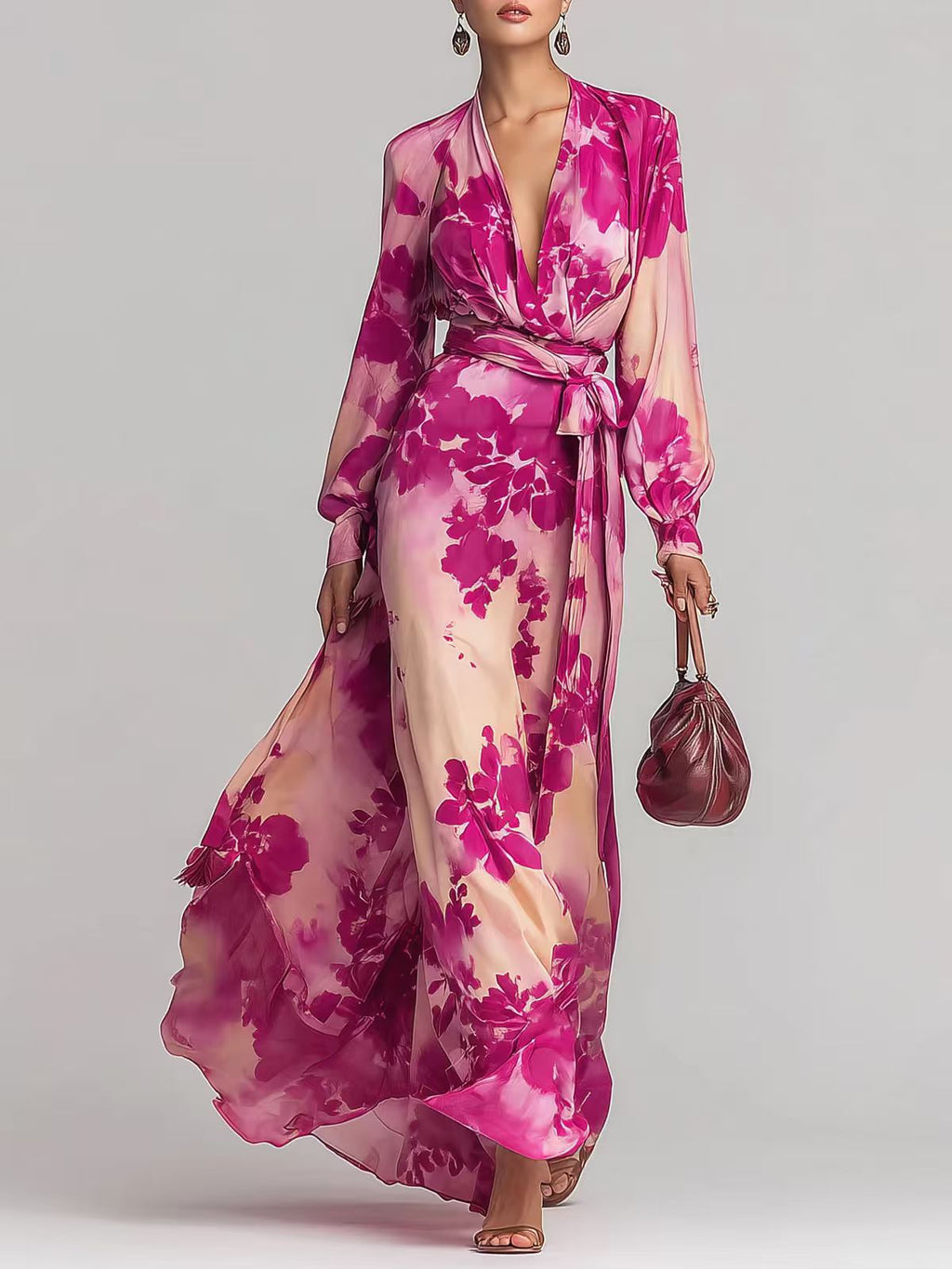 Women's floral printed chiffon maxi dress with long sleeves, V-neck, and tie-up waist by FitiqueFit, perfect for elegant summer wear.