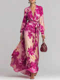 Women's floral printed chiffon maxi dress with long sleeves, V-neck, and tie-up waist by FitiqueFit, perfect for elegant summer wear.