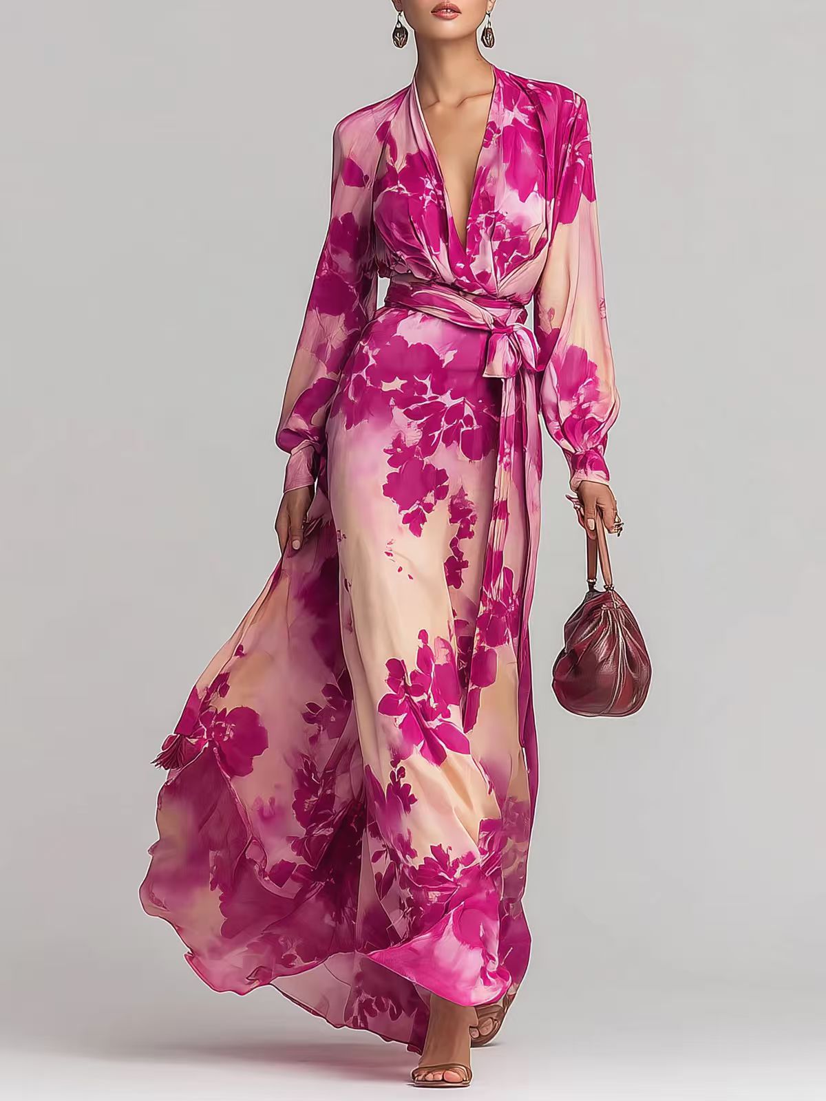 Women's floral printed chiffon maxi dress with long sleeves, V-neck, and tie-up waist by FitiqueFit, perfect for elegant summer wear.