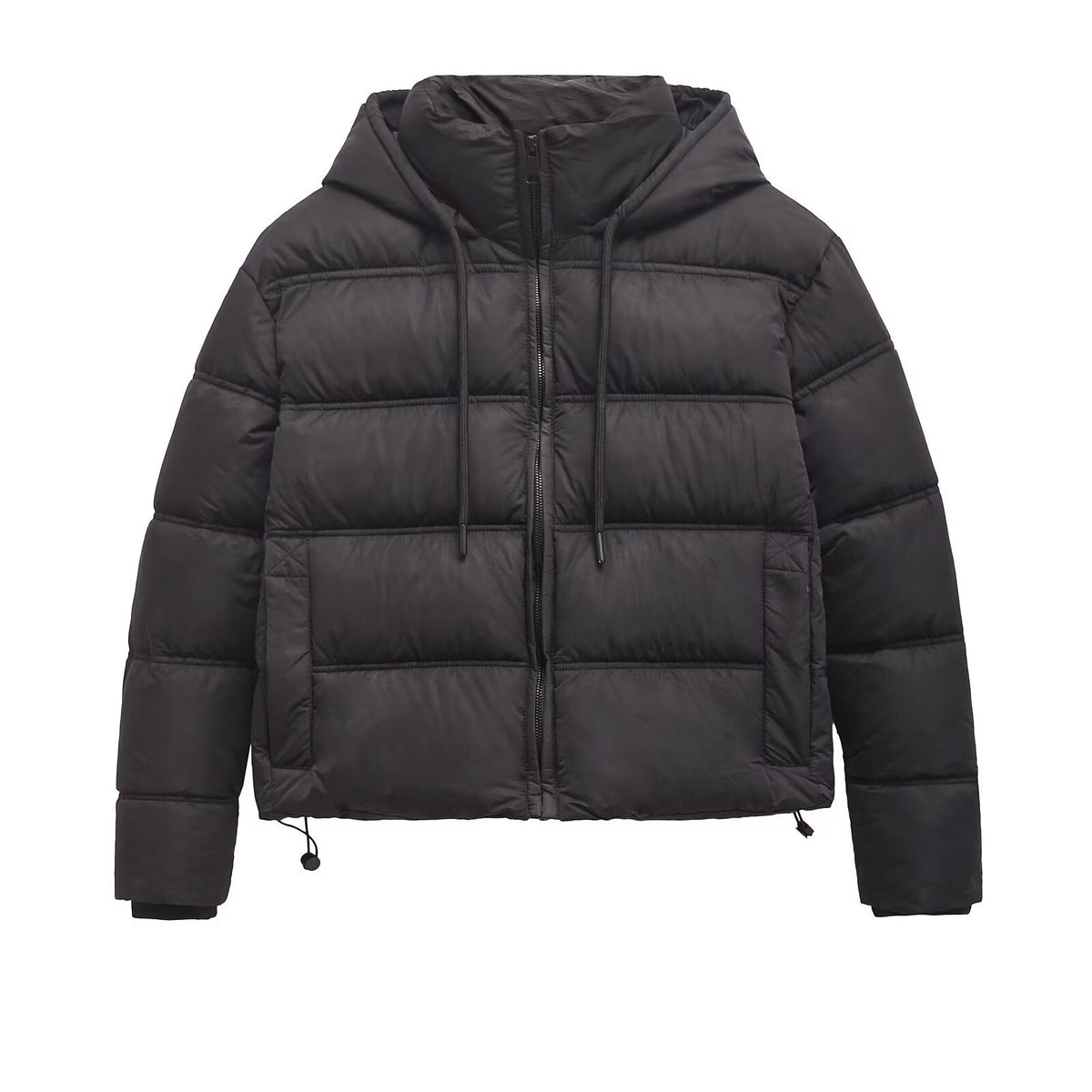 Black nylon puffer jacket with a hooded collar, front zipper, and horizontal quilted pattern.