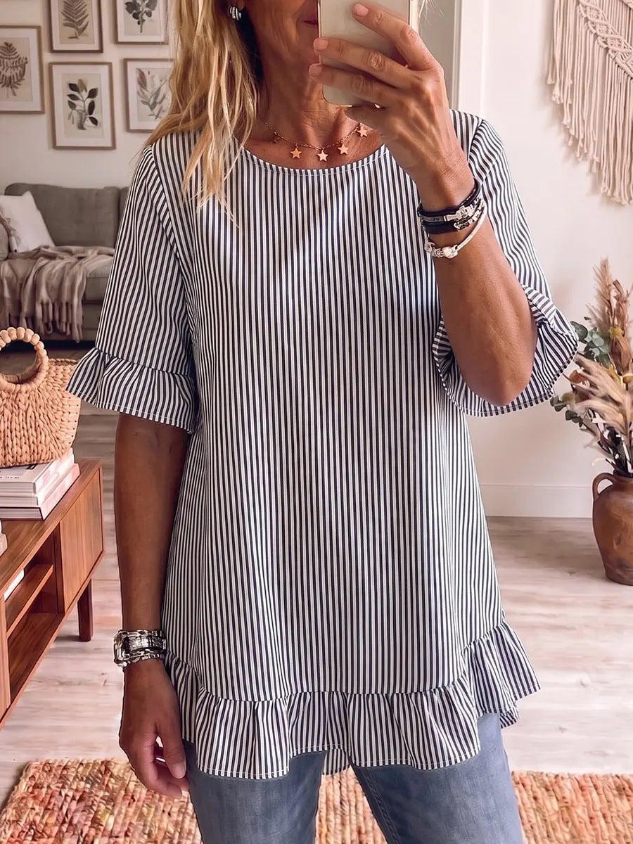 Women's striped ruffle-sleeve loose-fit blouse with three-quarter sleeves, casualwear by FitiqueFit, shown on a hanger.