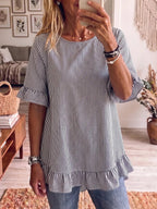 Women's striped ruffle-sleeve loose-fit blouse with three-quarter sleeves, casualwear by FitiqueFit, shown on a hanger.