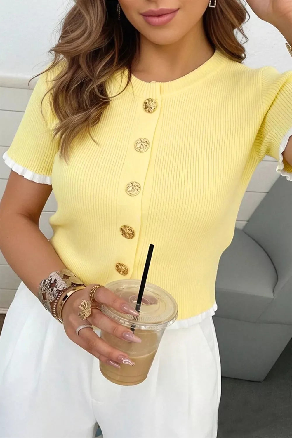 Ribbed knit contrast frilled short sleeve sweater cardigan by Plush Fashion Hub, showing the textured fabric and stylish design.