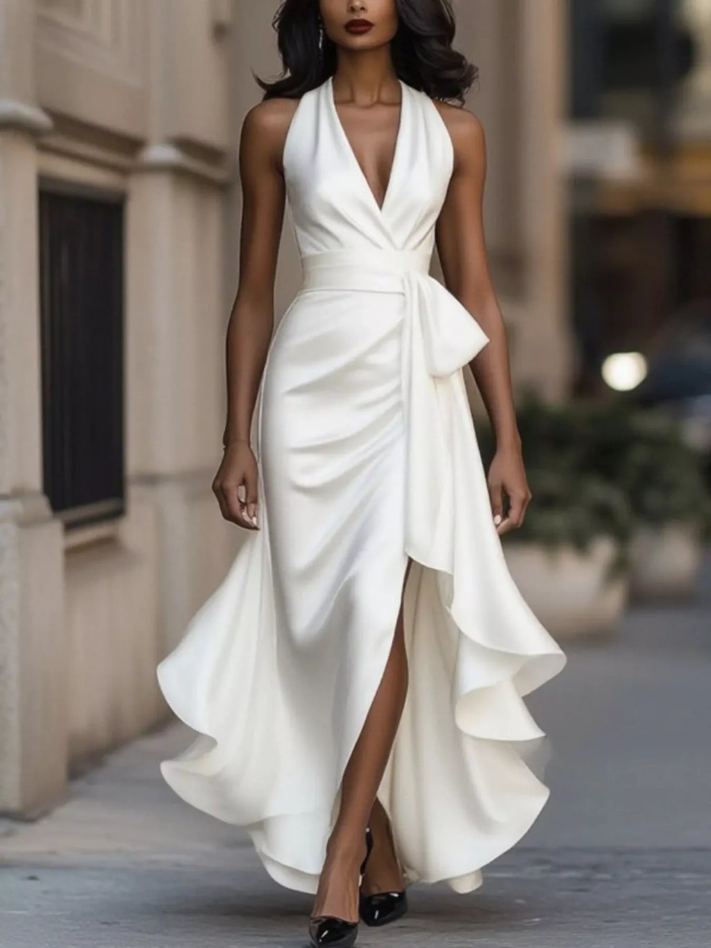 Full size high-low ruffled satin maxi dress by Shopimist, featuring elegant flowing fabric and plus size fit.