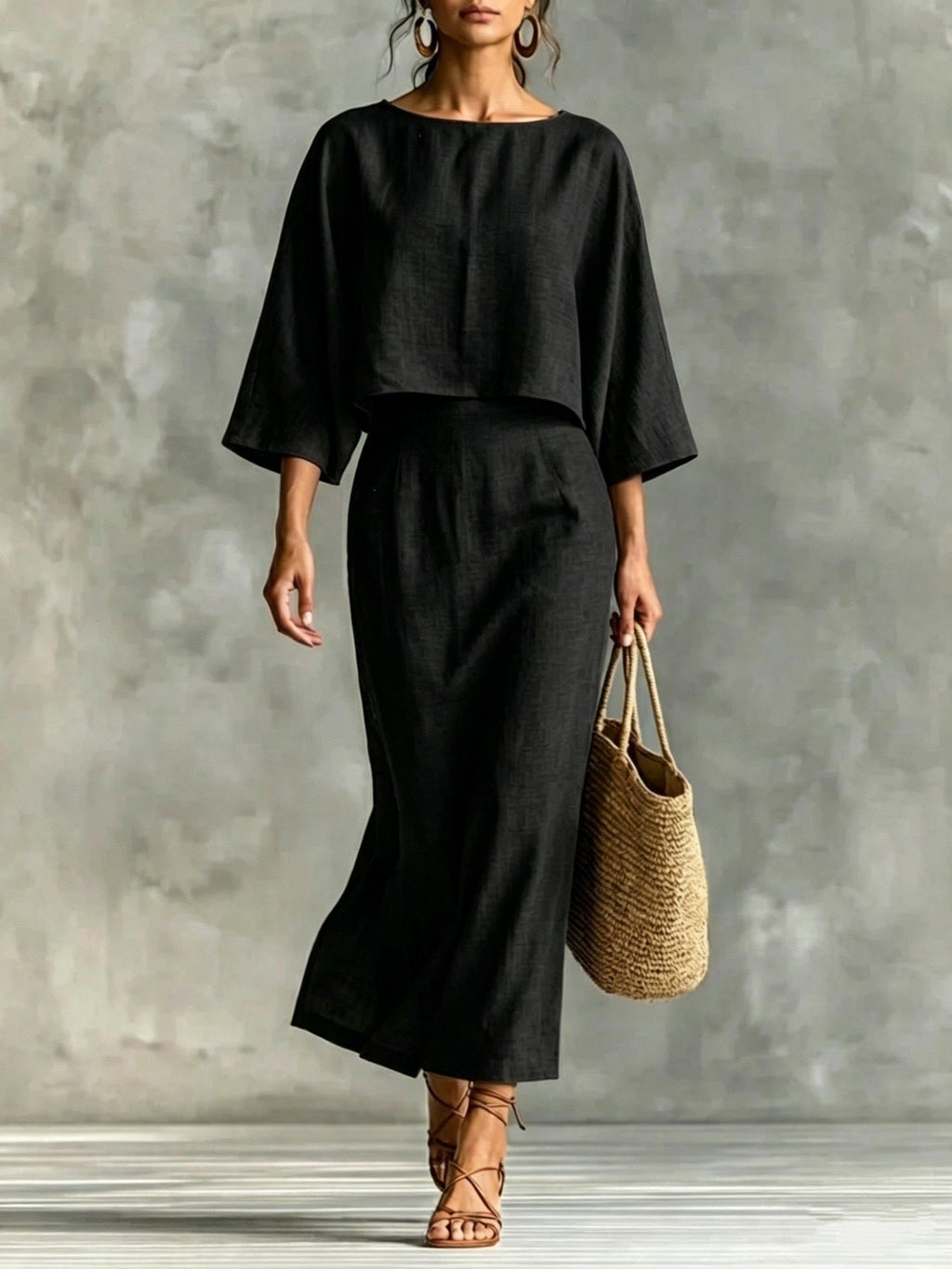Casualwear set with high waist long skirt and 3/4 sleeve loose top from Plush Fashion Hub, featuring comfortable, stylish fabric.