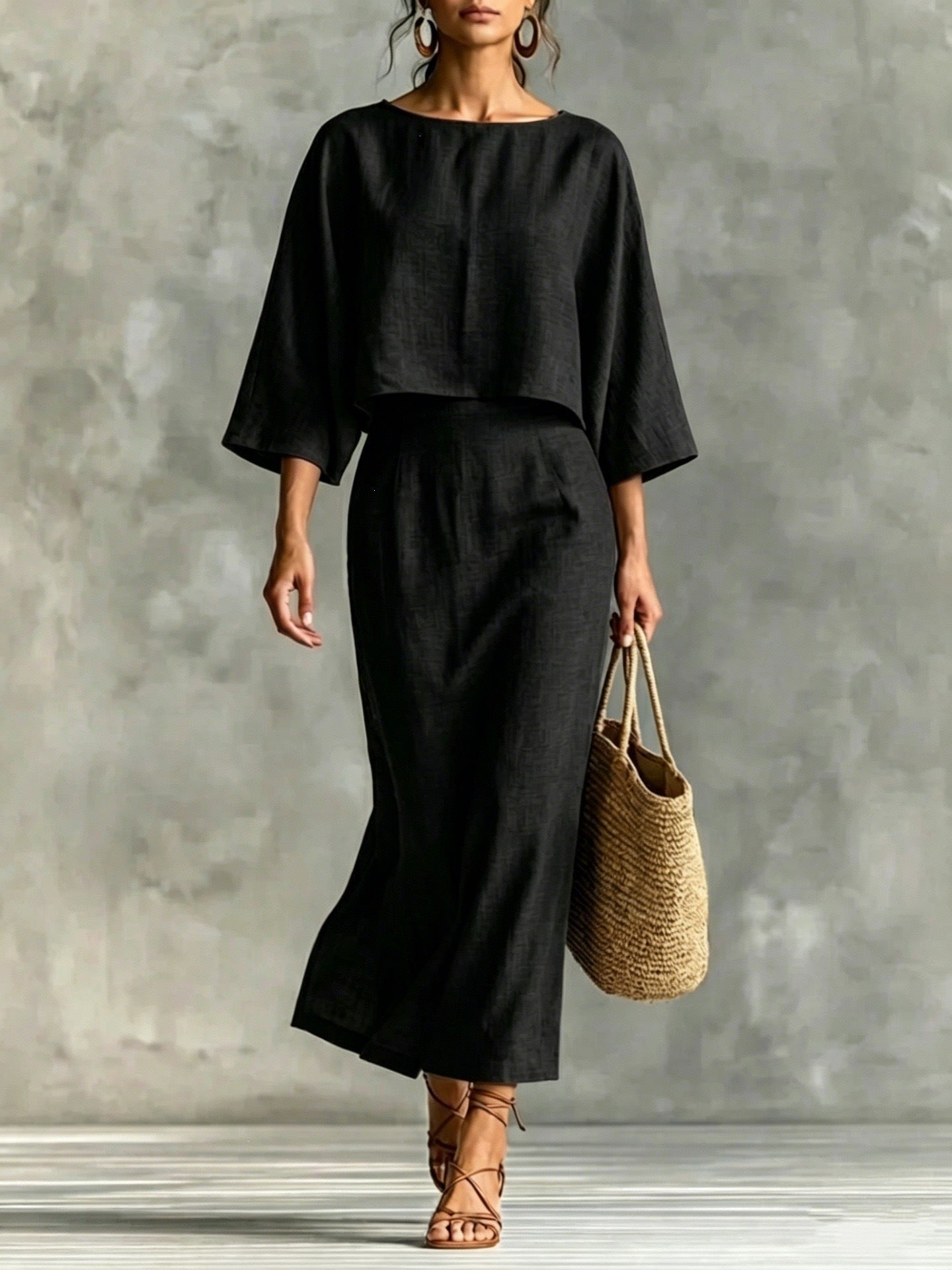 Casualwear set with high waist long skirt and 3/4 sleeve loose top from Plush Fashion Hub, featuring comfortable, stylish fabric.