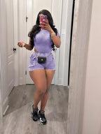 Ribbed knit bodysuit and shorts set from Shopimist, featuring a fitted design with ribbed texture and short sleeves.