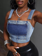 Cropped denim top with adjustable straps from Plush Fashion Hub, featuring a stylish, fitted design and classic blue denim fabric.