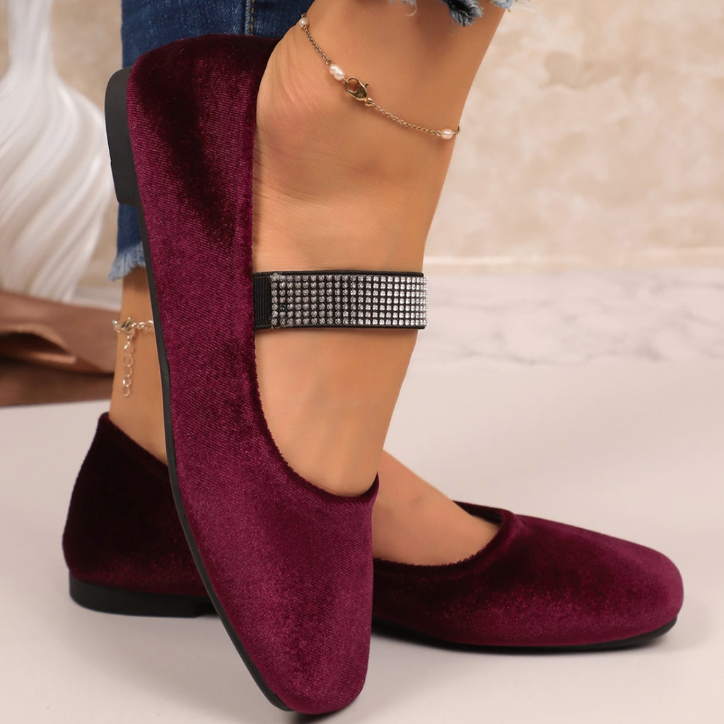 Rhinestone embellished square toe slip-on flats for women, chic casual shoes by Trendsi, featuring sparkling rhinestones and comfortable design.