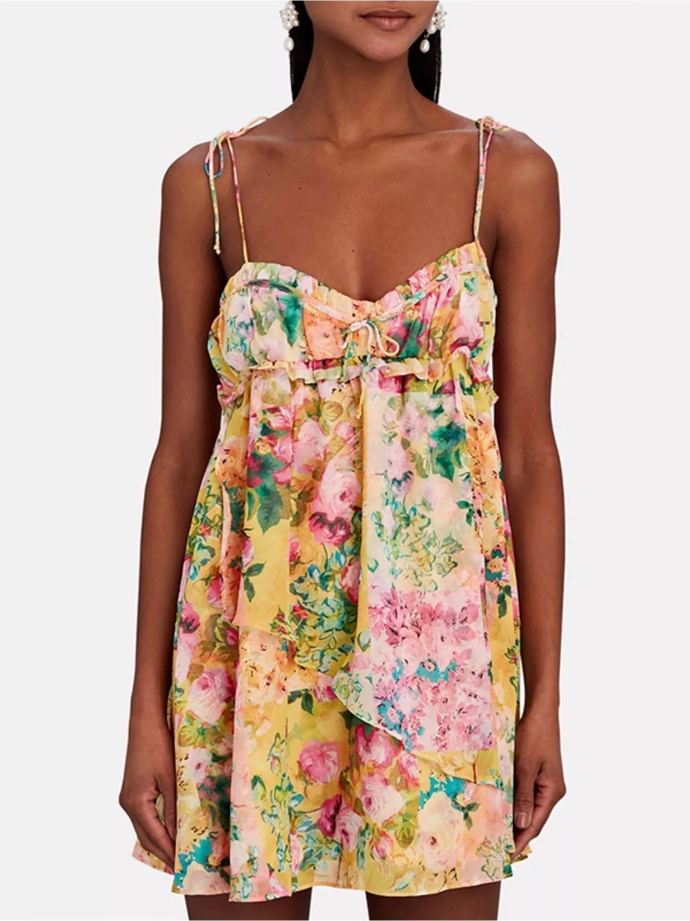 Floral print tie-shoulder mini dress featuring a fitted bodice and flared skirt, perfect for spring and summer occasions.