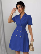 Shopimist double-breasted pleated blazer dress featuring a tailored fit, structured shoulders, and classic design details.