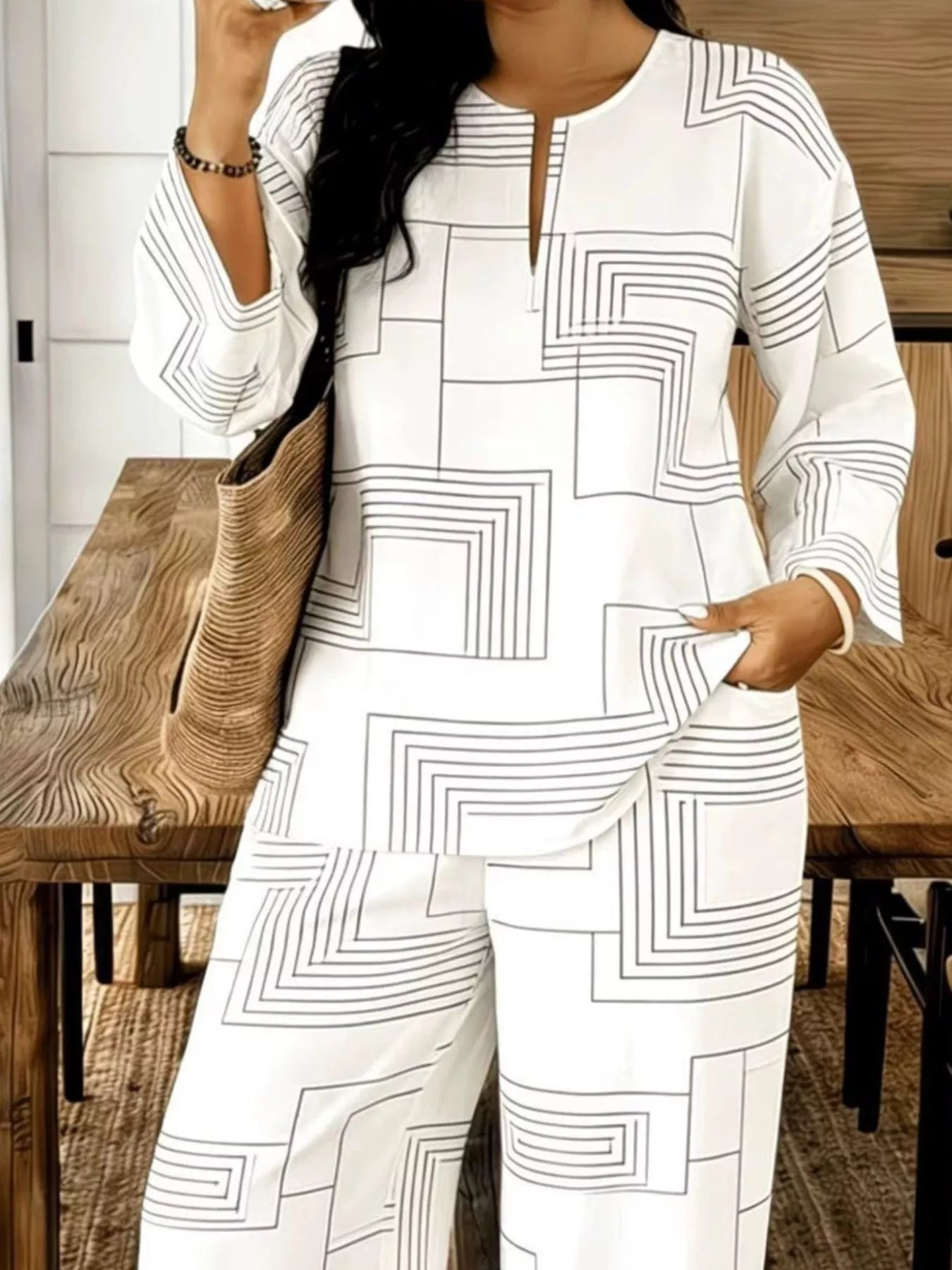 Shopimist geometric print relaxed fit top and pants set, featuring bold patterns and comfortable, casual style in a coordinated outfit.