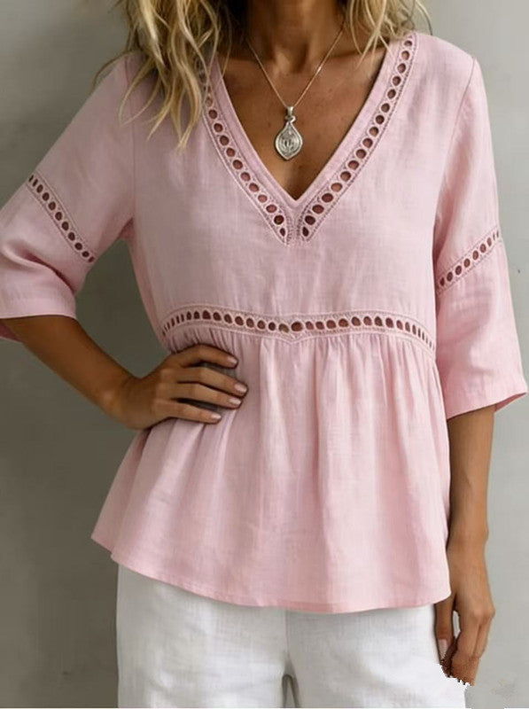 Women's V-neck hollow-out fringe cotton-linen casual top by FitiqueFit, showing a lightweight, stylish V-neck design with fringe details.