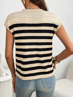 Women's striped knit cap sleeve sweater with pocket detail, stylish outerwear by Trendsi, featuring a cozy knit fabric and casual design.