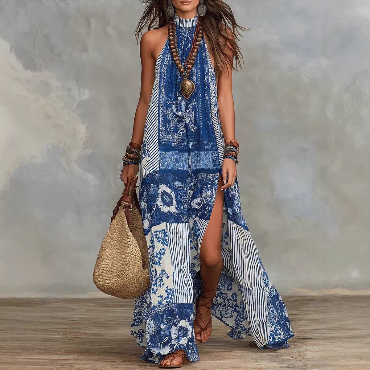 Women's printed halterneck split maxi dress by Plush Fashion Hub, sleeveless, loose fit, flowy design with vibrant pattern.