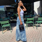 Women's faux two-piece denim pants skirt, street fashion symmetrical slit denim pants