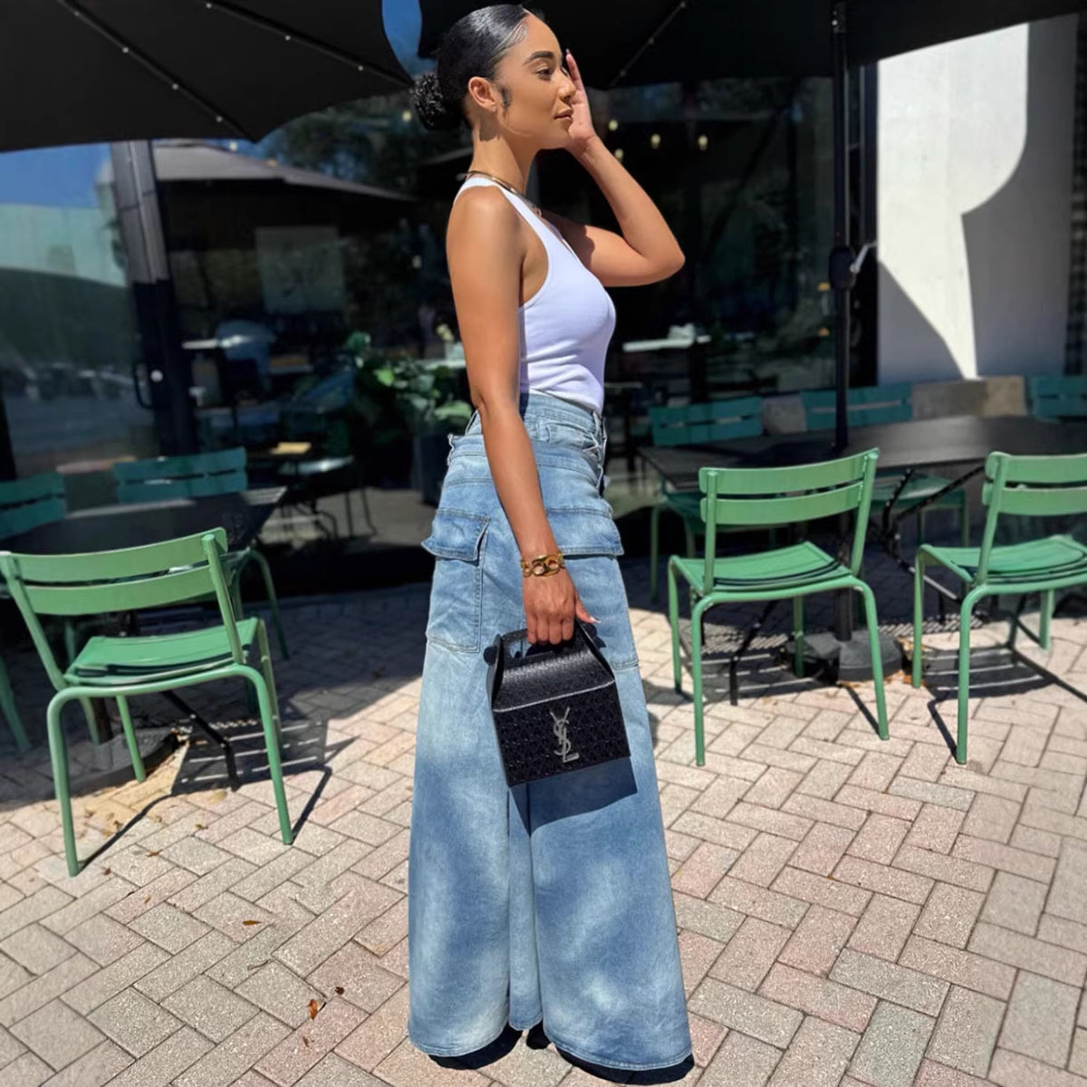 Women’s faux two-piece denim pants skirt by Plush Fashion Hub featuring street style, symmetrical slit, and trendy design.