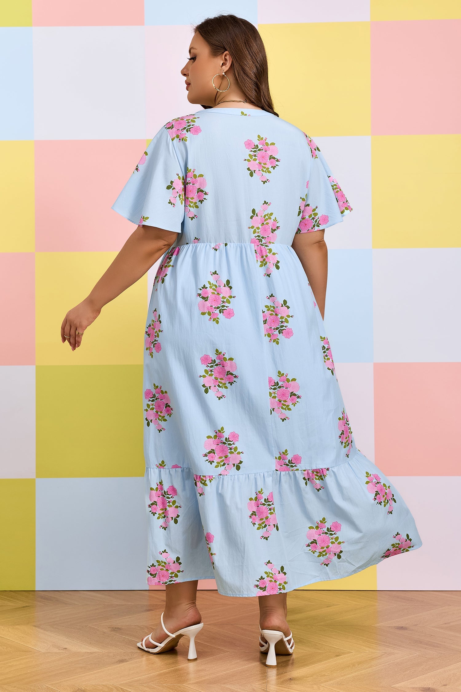 Plus size Lucy print scalloped trim maxi dress by Threaded Pear, featuring a flowy silhouette and vibrant floral pattern.